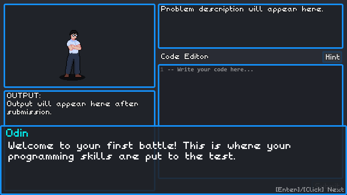 ODIN's battle screen, with a code editor next to the player character