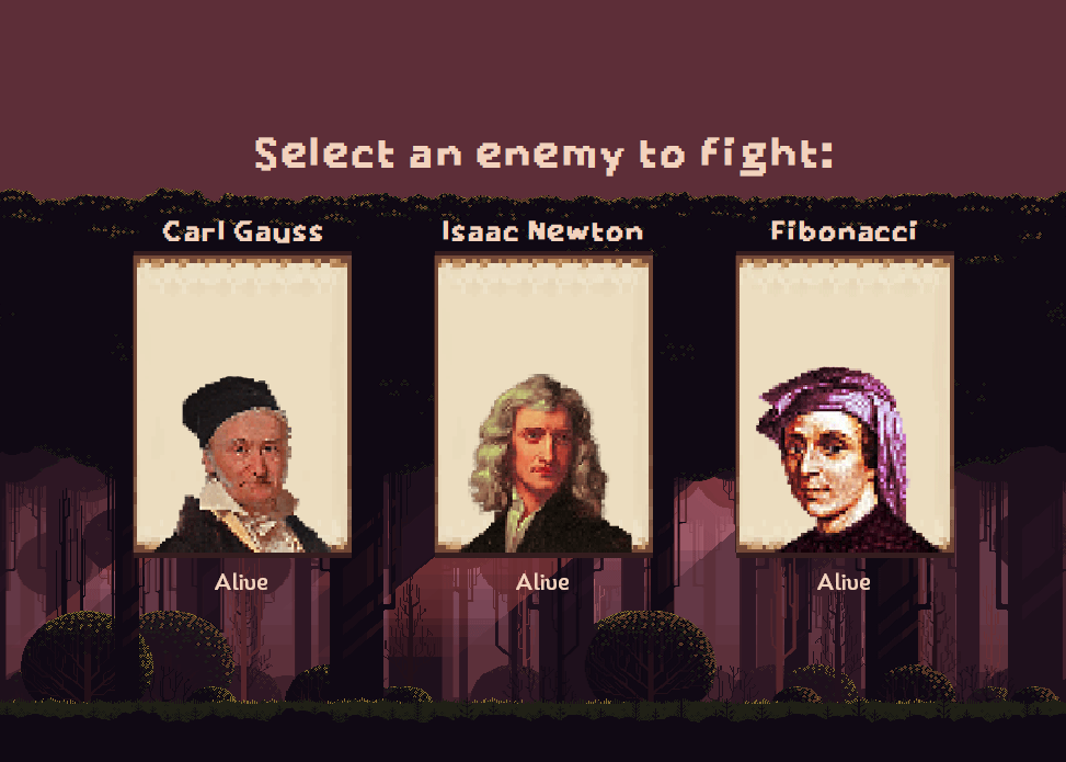 The enemy select screen, with portraits of Gauss, Newton and Fibonacci