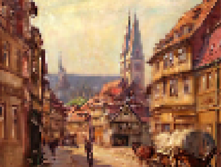 The pixel-art town that is the backdrop for the fight against Gauss